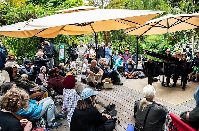 Caroline Dahl, boogie woogie piano player at the 2024 Headlands Center for the Arts Annual Benefit Art Auction